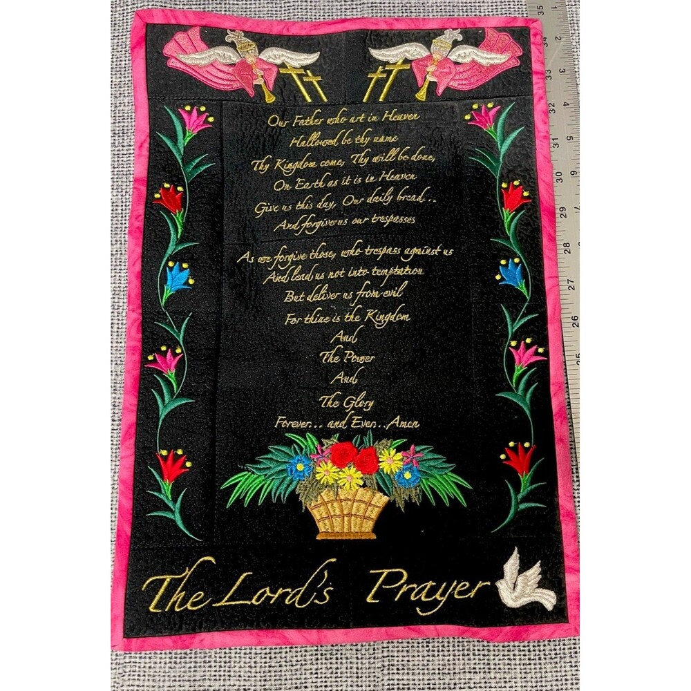 Handmade Lord’s Prayer Embroidered Quilt Wall Hanging Angels Floral 17x10